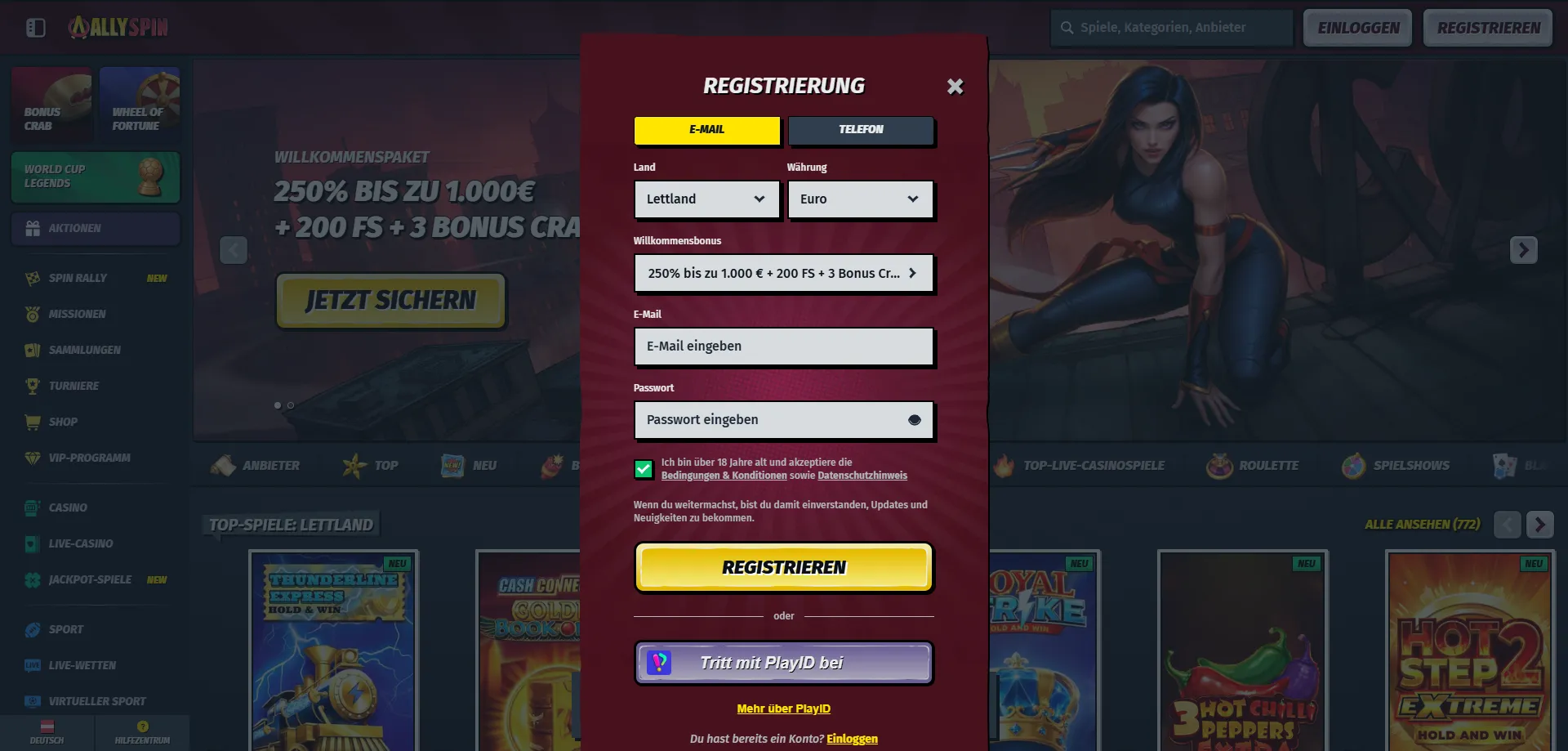 AllySpin Casino Registrierung &ndash; einfache Anmeldung f&uuml;r &ouml;sterreichische Spieler