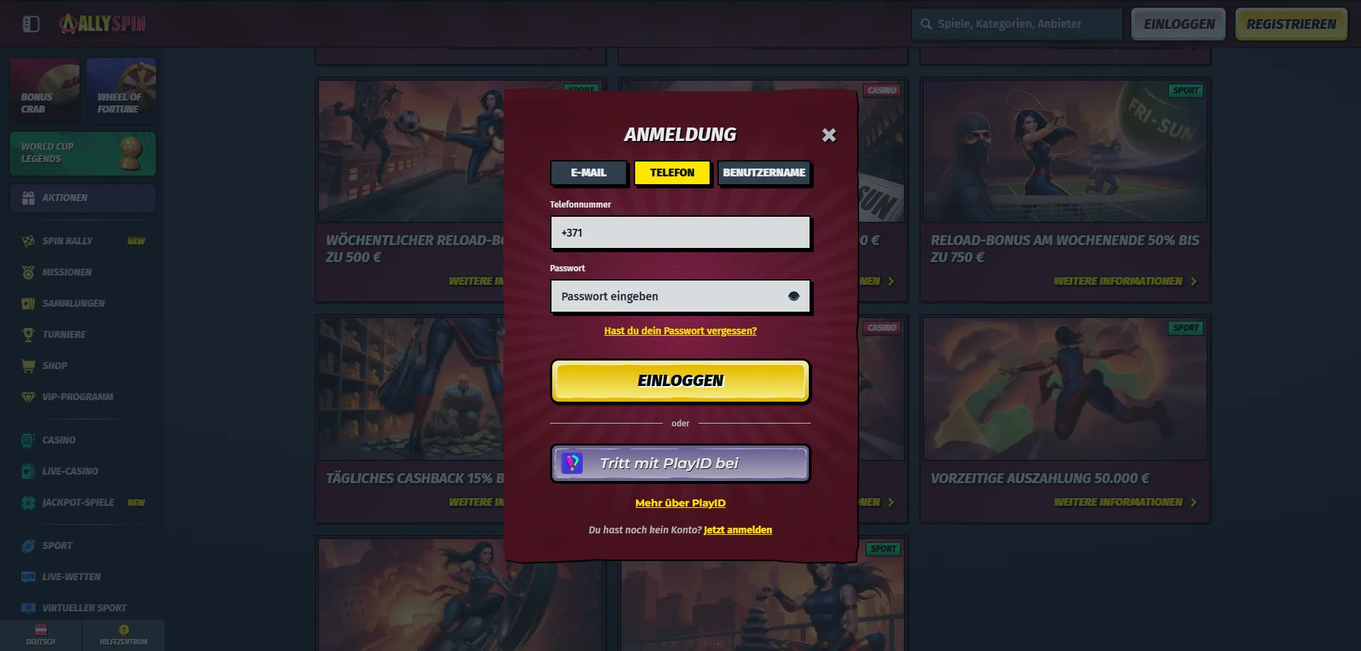 AllySpin Casino Login und Spielerkonto &ndash; sichere Anmeldung in &Ouml;sterreich